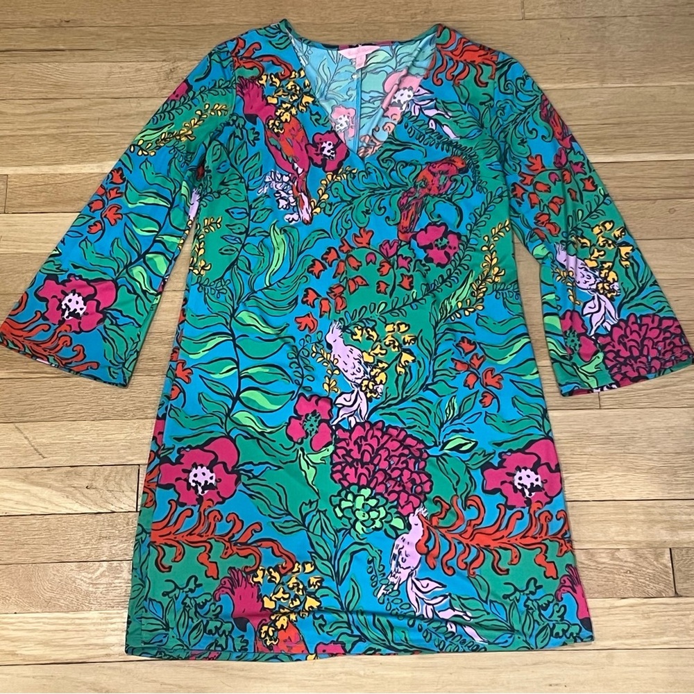 Lilly Pulitzer Blue Tropical Stretch V Neck Shift Dress S